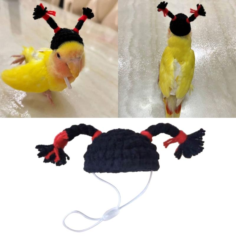 Bird Hats for Parrots Fun Upright Braids Costume Accessories Knitted Hat with Stretchy Strap for Hamsters Parakeets