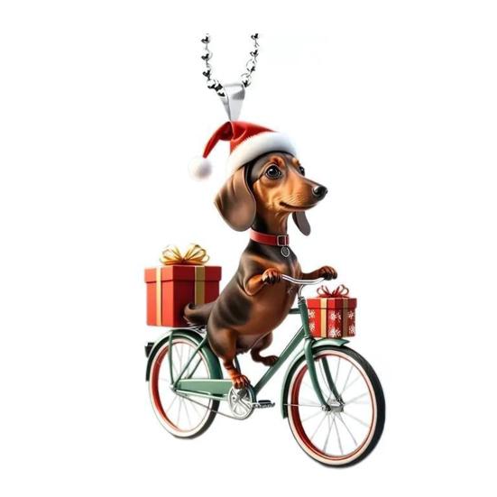 Christmas Ornament Funny Bicycle Dog Pendant Acrylic 2D Cartoon Animal Hanging Decoration for Xmas Tree Home Car Decor