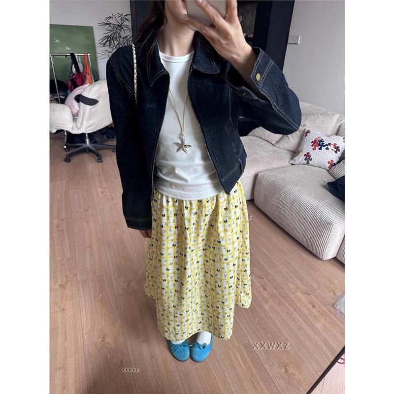 Korean wear floral cake skirt women's medium and long summer new high-waisted long skirt design sense a-word skirt