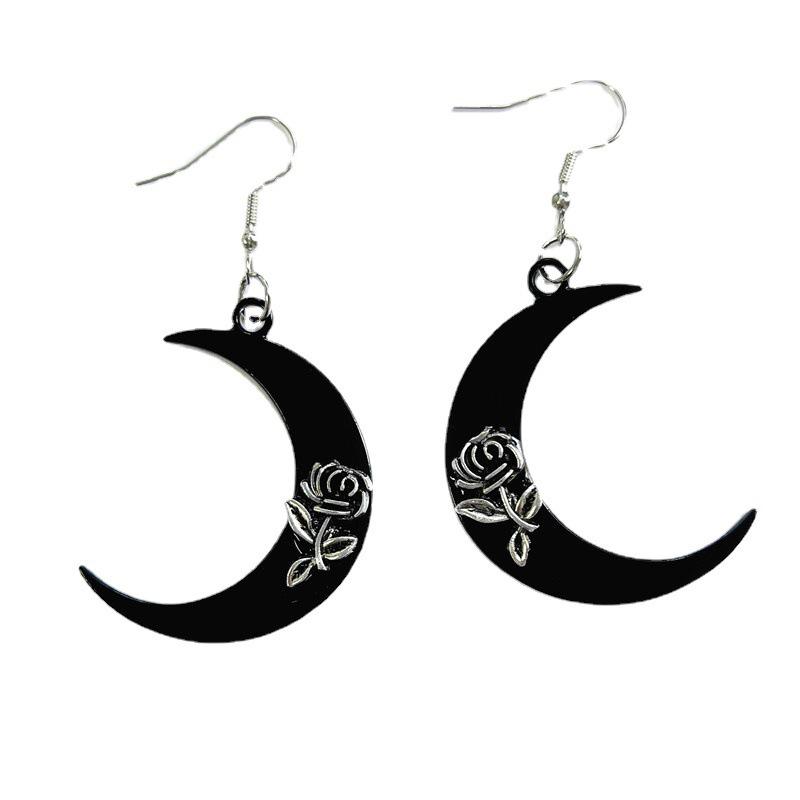 Gothic Moon Rose Flower Earrings
