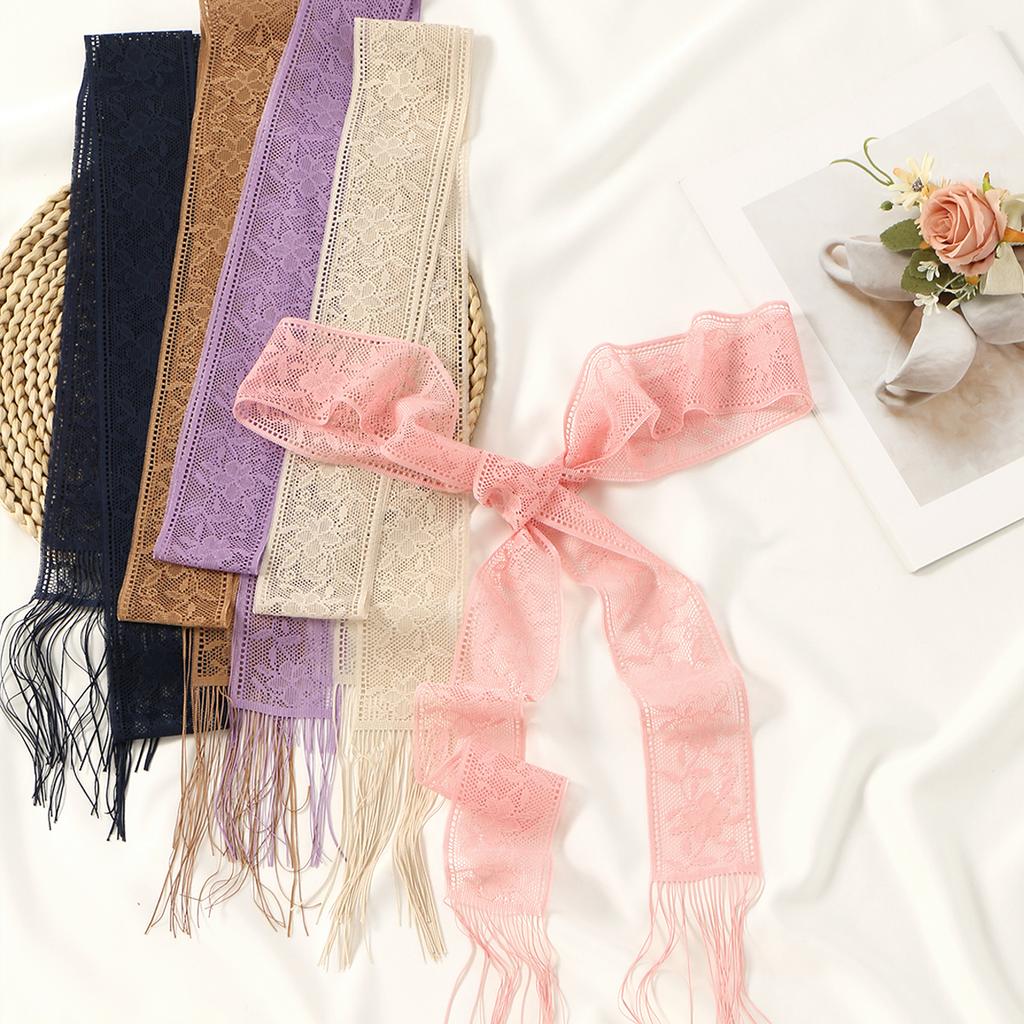 Lace Floral Tassel Neck Scarves Embroidered Skinny Neckerchief Multifunctional Headscarf Sweet Headbands Colorful Hair Scarf
