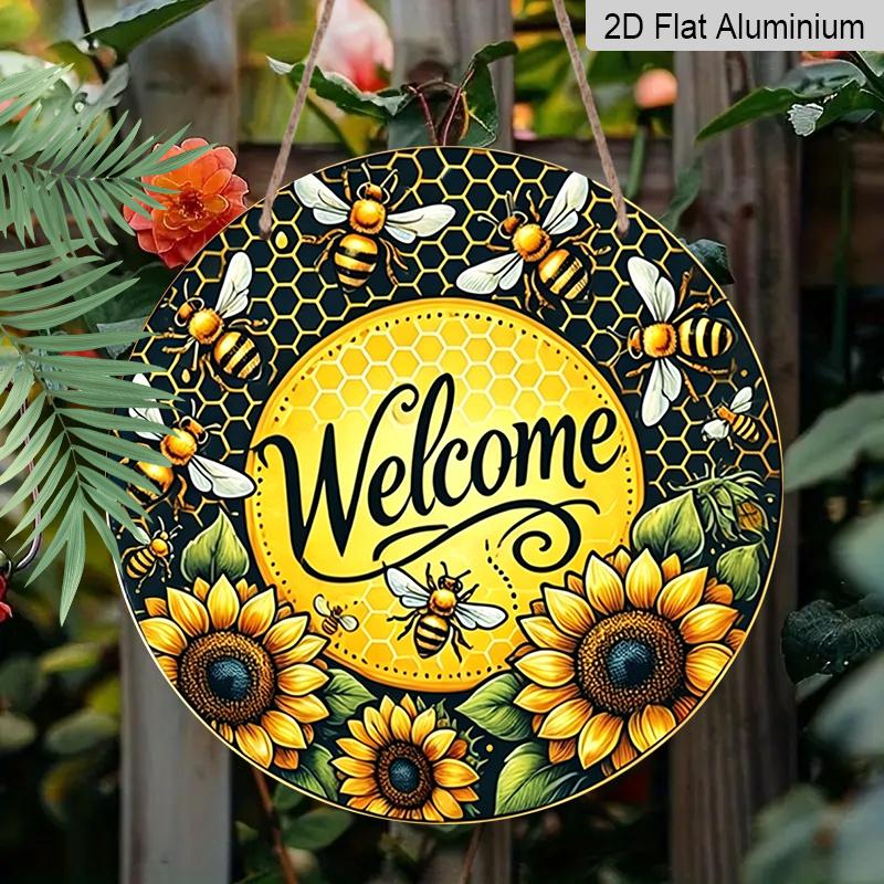 2D Flat, 1pc Vintage Honeycomb Bee & Sunflower Welcome Sign - Rustic Metal Wall Art with Golden/Yellow Honeybee Design, Welcome Lettering - Durable