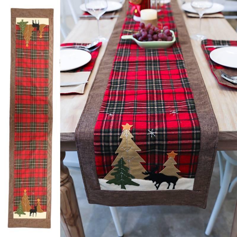 Charming Christmas Table Flag Stylish Plaid Fabric Embroidered Table Decor For Holiday Gatherings
