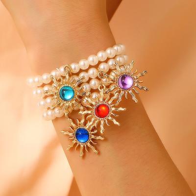 Pulsera Colgante Rayo de Sol de Perla de Imitación Retro para Mujer Estilo Dopamina Moda de Lujo Ligero Joyería de Piedras Preciosas