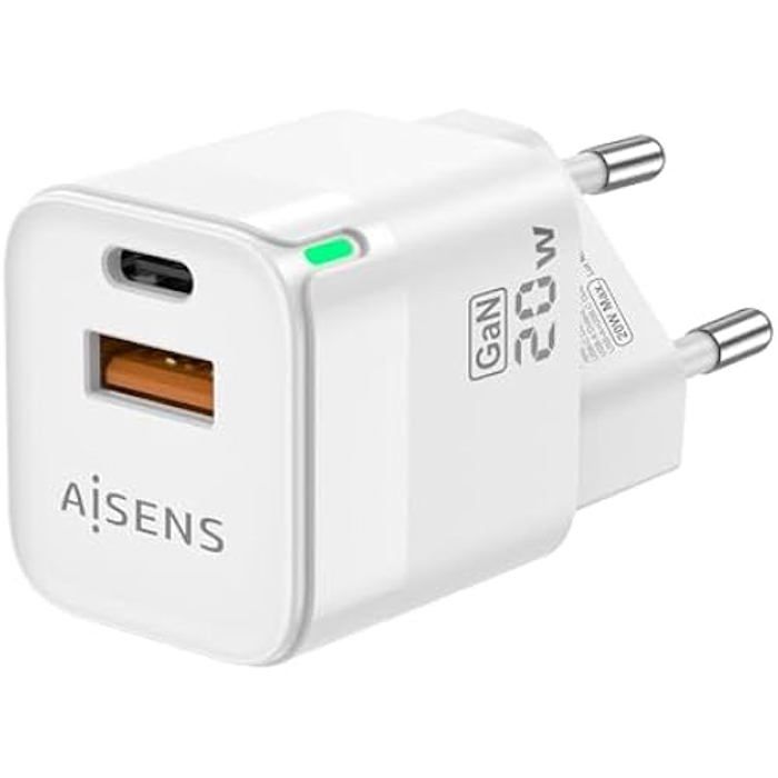 Chargeur GaN 20W - AISENS - ASCH-20W2P002-W - 1XUSB-C PD3.0 - 1XUSB-A QC3.0 - Blanc