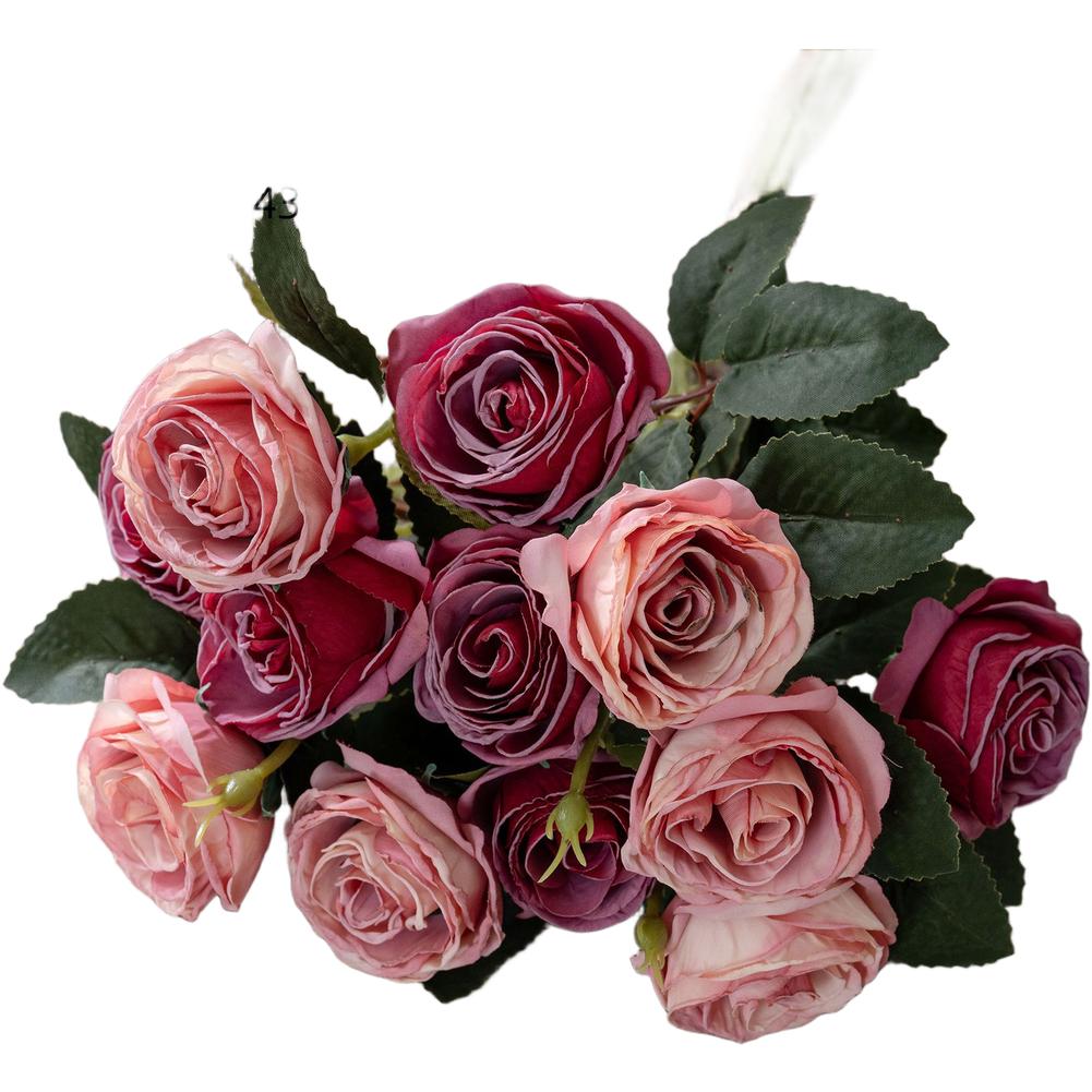 

Rose Hand Tied Artificial Flower Bouquet Vintage Burnt Edge Polyester 12 Roses 3 Branches 43 Cm Home Decor MW95005 рожевий червоний колір