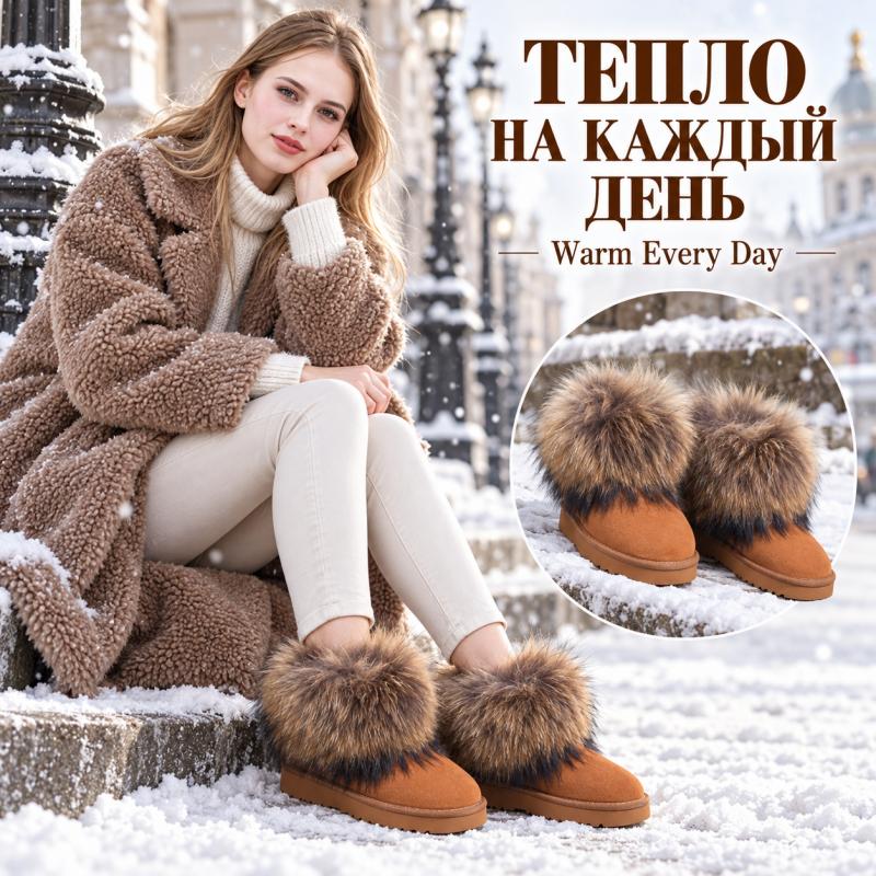Winter Real Fox Fur Snow Boots Flats Genuine Leather Fur Boots Women's Short Boots Suede Leaher Girl Boots