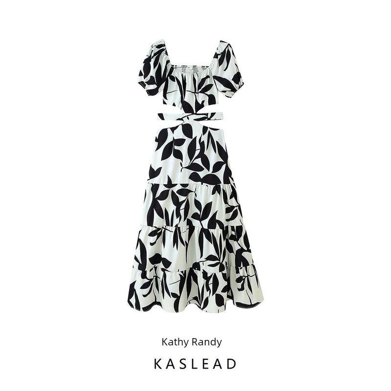 Kaslead New Women clothes Western Style Fashion Simple Hollow Waist Decorations Print Dress