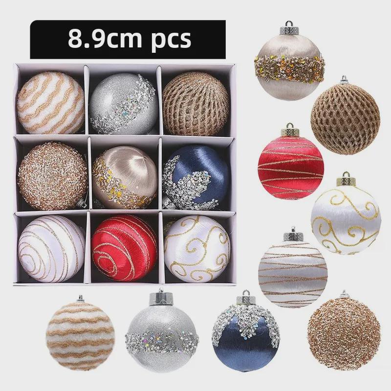 8cm 3D Silk Thread Christmas Ornaments - Set of 9 Foam Balls