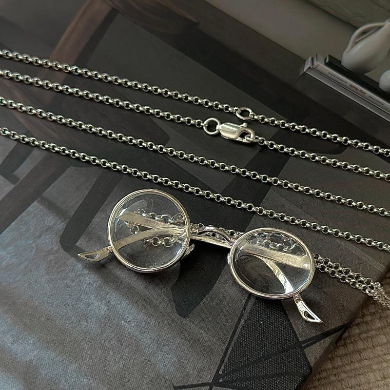 

S925 Sterling Silver Niche Design Sense Retro Glasses Necklace Korean Style Simple Fashion Heavy Industry Sweater Chain 925 silver
