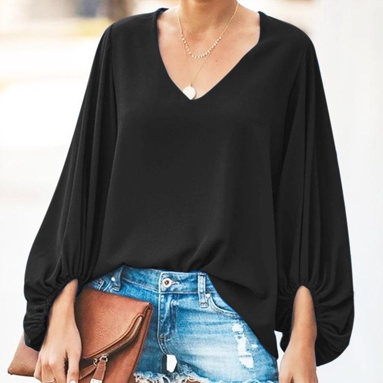 European & American Women's V-Neck Lantern Sleeve Loose Long Sleeve Plus Size Top - Summer 2025 Collection