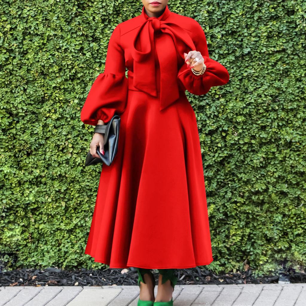 Women Long Sleeve Elegant Dresses Bow Collar High Waisted Pleated Mid Calf Luxury Birthday Party Vestidos Mujer Dress
