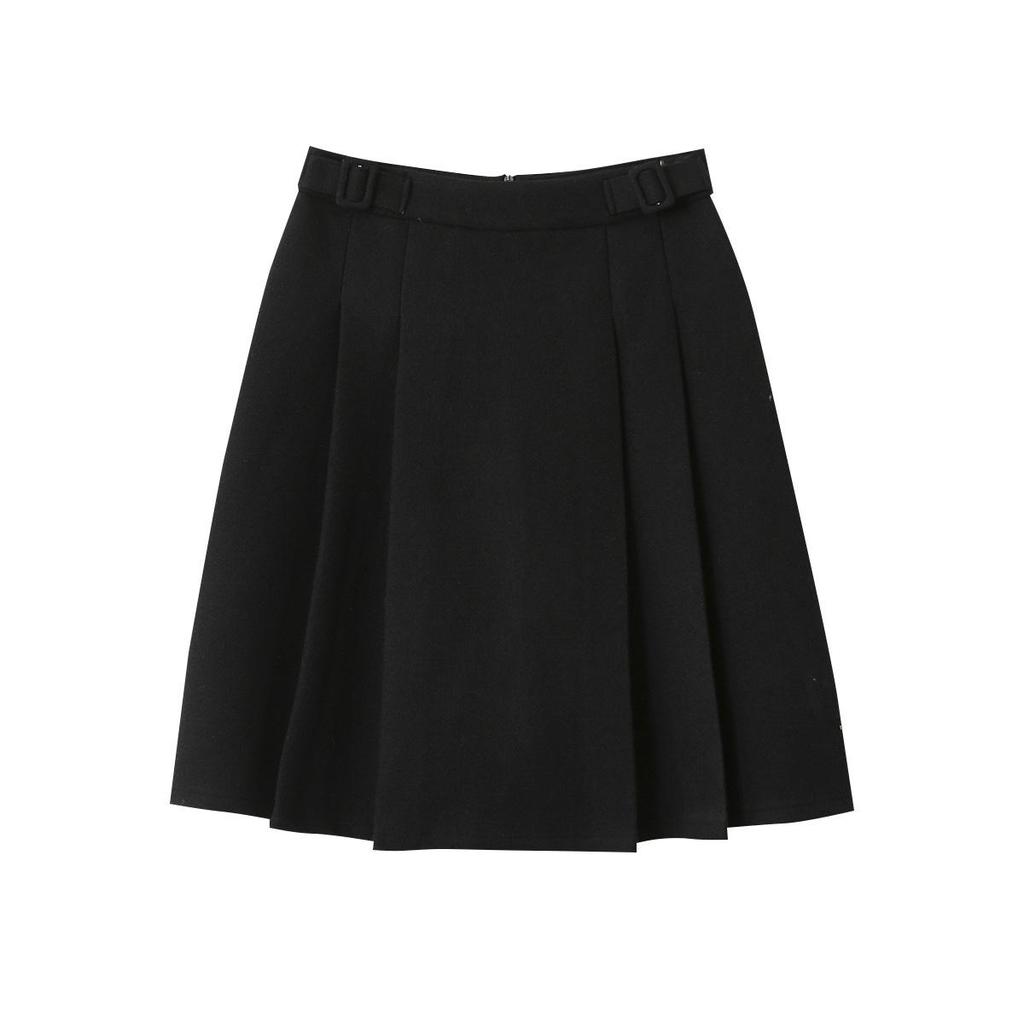 Miu-Style High-Waisted Pleated A-Line Mid-Length Wool Blend Skirt - Women's Versatile Solid Color Slimming Design