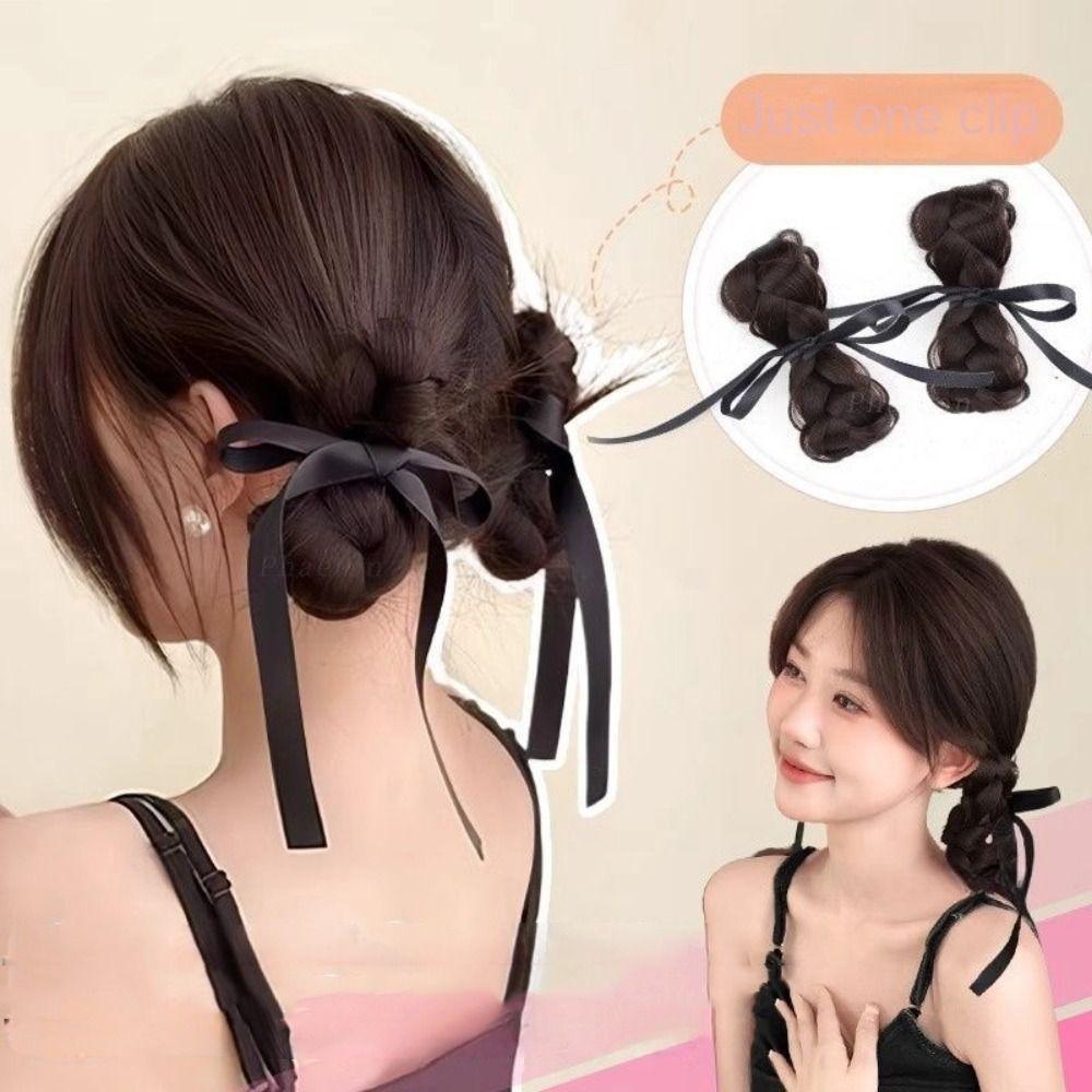 Fake Hair Braided Chignon Ribbon Bow Hair Clip Bun Fashion Hair Donut Bun  Women