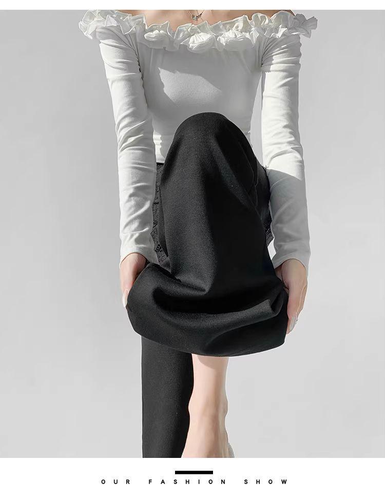 Lace Patchwork Two-Piece Look Micro-Flare Pants for Women - Black High-Waisted Slimming Body-Shaping Trousers, Spring 2026 Arrival