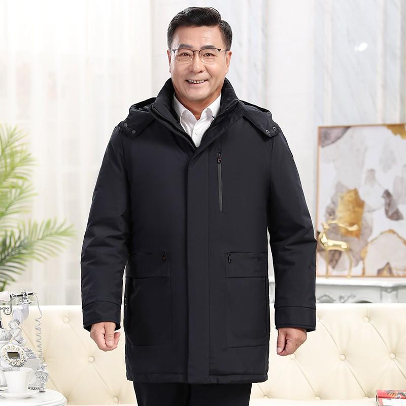 Mens Winter Mid-Long Down Jacket With Hood Warm Thick Puffer Coat Middle-Aged Senior Men Business Casual Style
