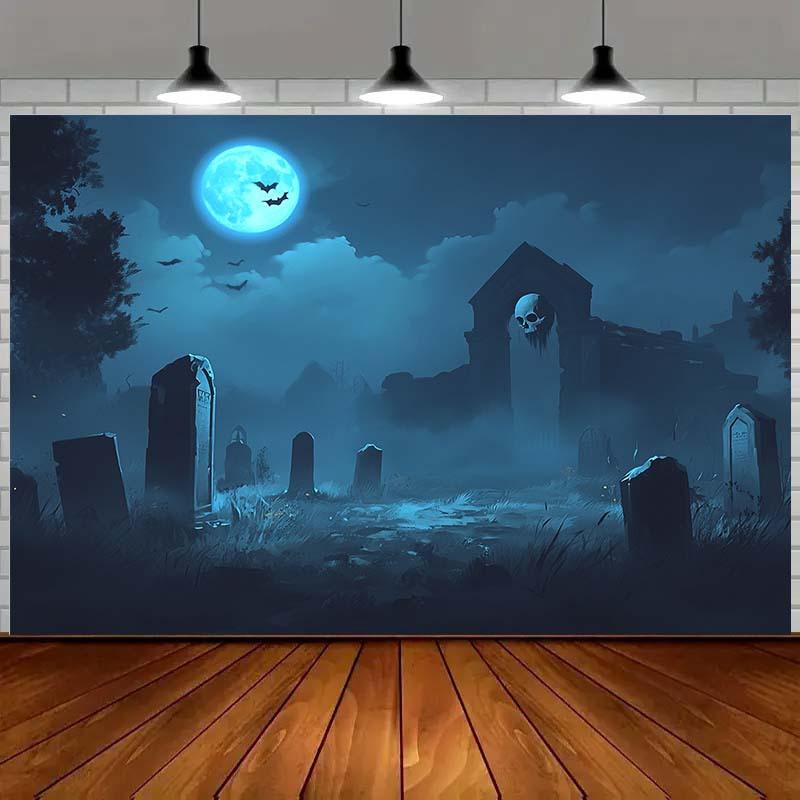 1 Halloween Gothic style cemetery background curtain with full moon and tombstone no need for electricity Halloween decoration