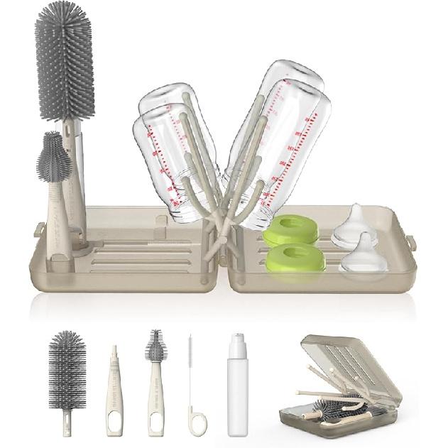 YOTIME Travel Bottle Brush Set, Auto-Open Rack & Vertical Brushs Drying Slots, 3 Brushes, Foldable Drying Rack, Dispenser, Travel Baby Essentials for