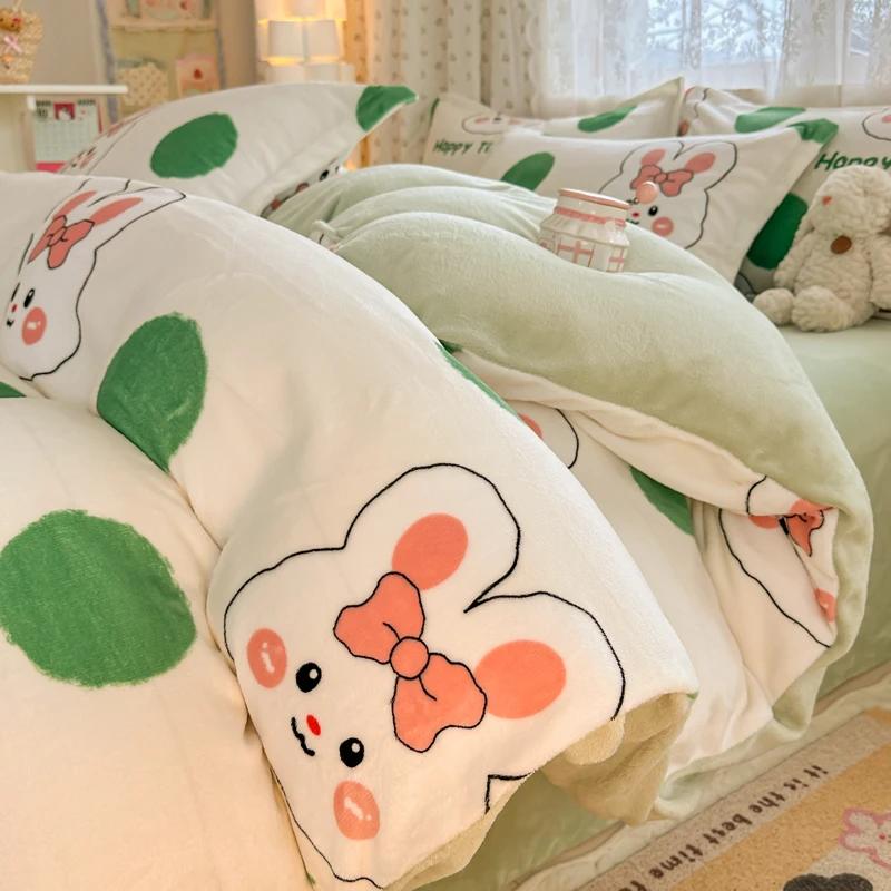 2024 New Class A Small Fresh Printed Milk Fleece Single Bedding Set Thick Warm Cartoon Quilt Cover Fall and Winter Duvet Cover