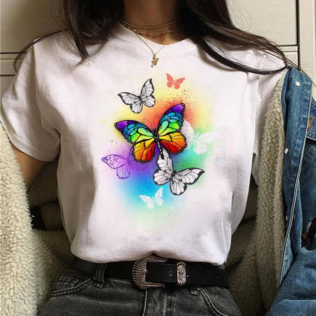 Women Tshirt Watercolor Butterfly Print Tshirt Summer Female Tops Casual Short Sleeve T-Shirts Harajuku Graphic Tee Cute T-Shirt
