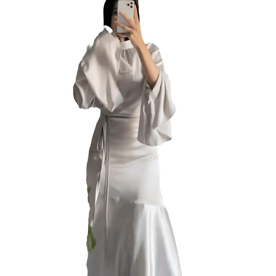 Spring 2024 Fashion: Women's Trumpet Sleeve Lace-Up Slim Dress Long Skirt