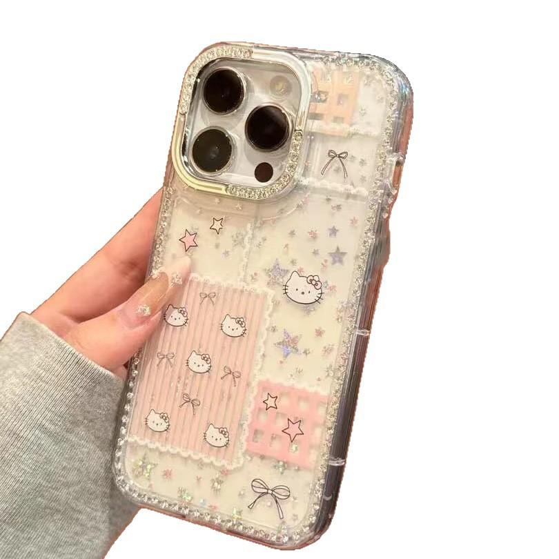 Bow striped Kitty for Apple 17 mobile phone case iPhone16Pro laser 14 flash diamond stars 15 sets