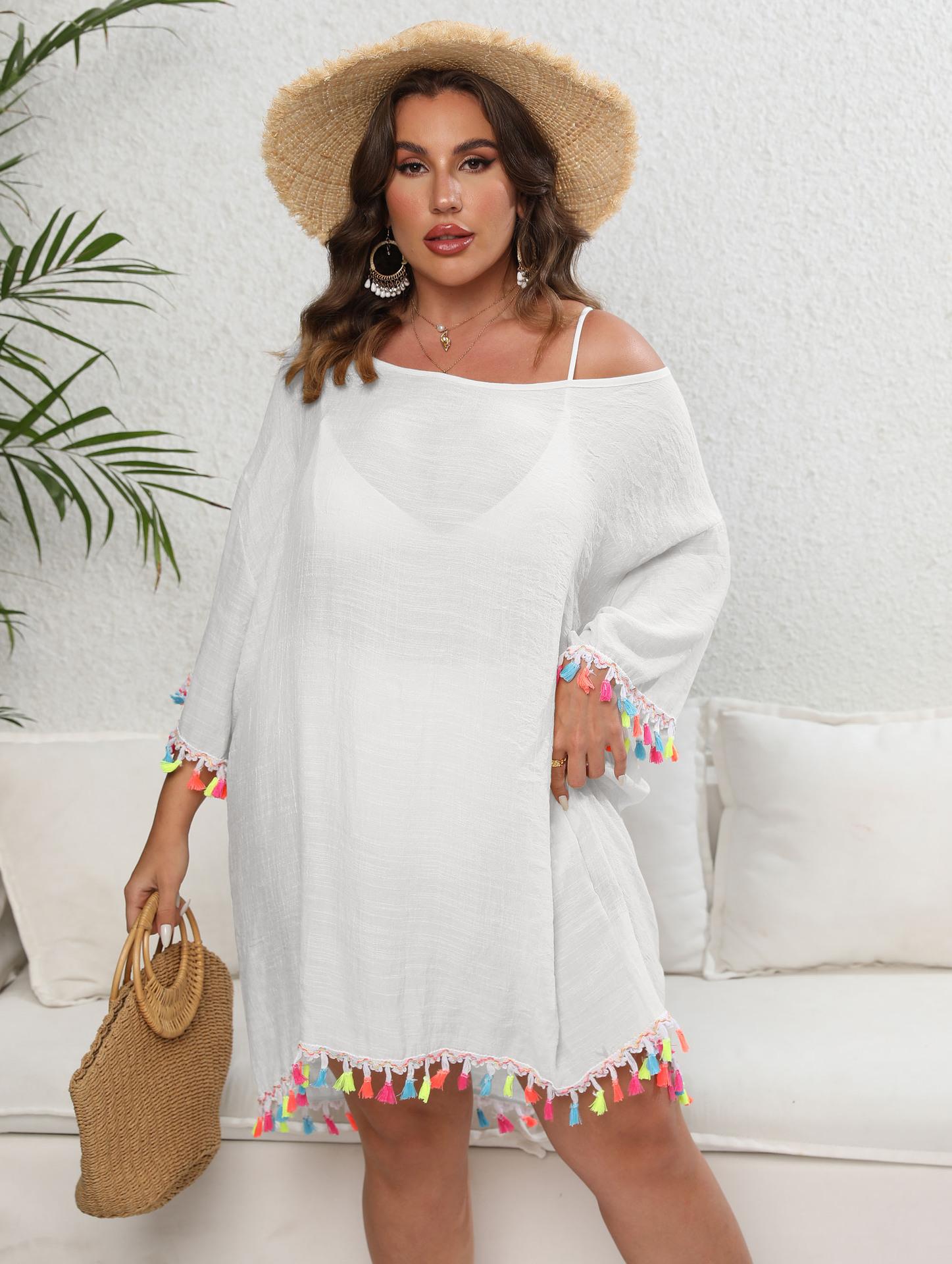 

Пляжное платье с кисточками, летние женские накидки для отпуска, повязки без бретелек, Vestidos Para Mujer, однотонные платья больших размеров, Vestidos Verano Moda 2024 1XL белый