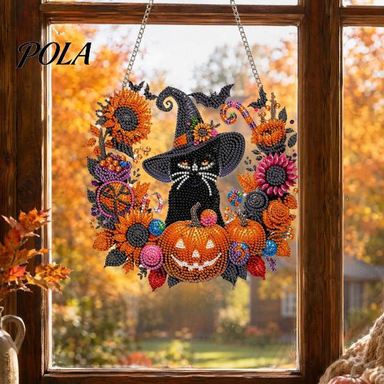 Creative Stress Relief Crafts Black Cat Moon Rhinestone Painting Kit, Halloween Faceted Faux Crystal Hanging Decor, Shining Pendant Art DIY