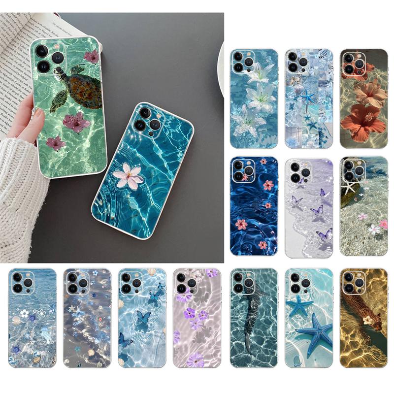 Phone Case For Iphone 17ProMax 17 Pro Air 16 15 14 13 Pro Max 16 15 14 13 Pro 15Plus Blue Sea Flower Water