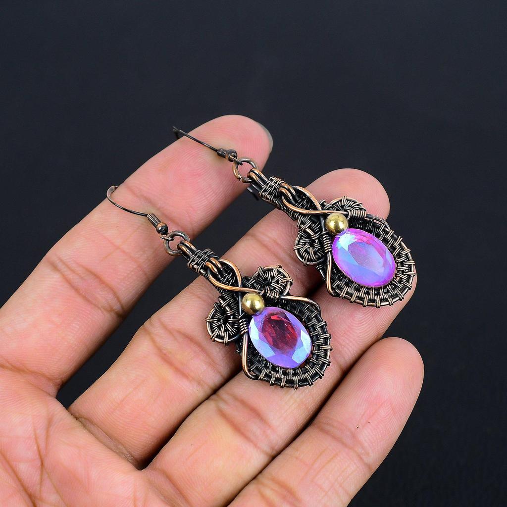Pink Mystic Topaz 999 Copper Wire Wrapped Earrings, Handmade Gemstone Earrings Jewelry, Gifts For Wife Brand New Earrings
