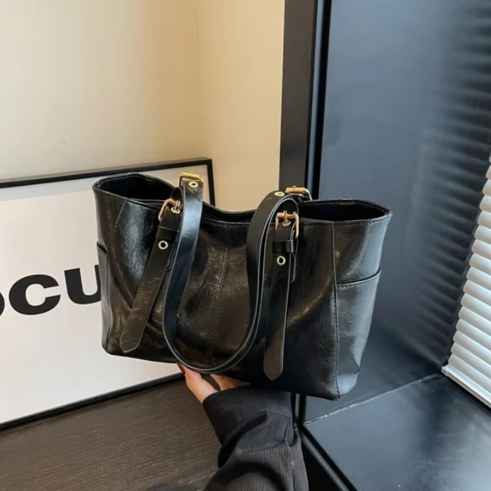 

Casual Retro Women Shoulder Bags Large Capacity Solid Color Lady Tote Bag PU Leather Handbag Purses чорний