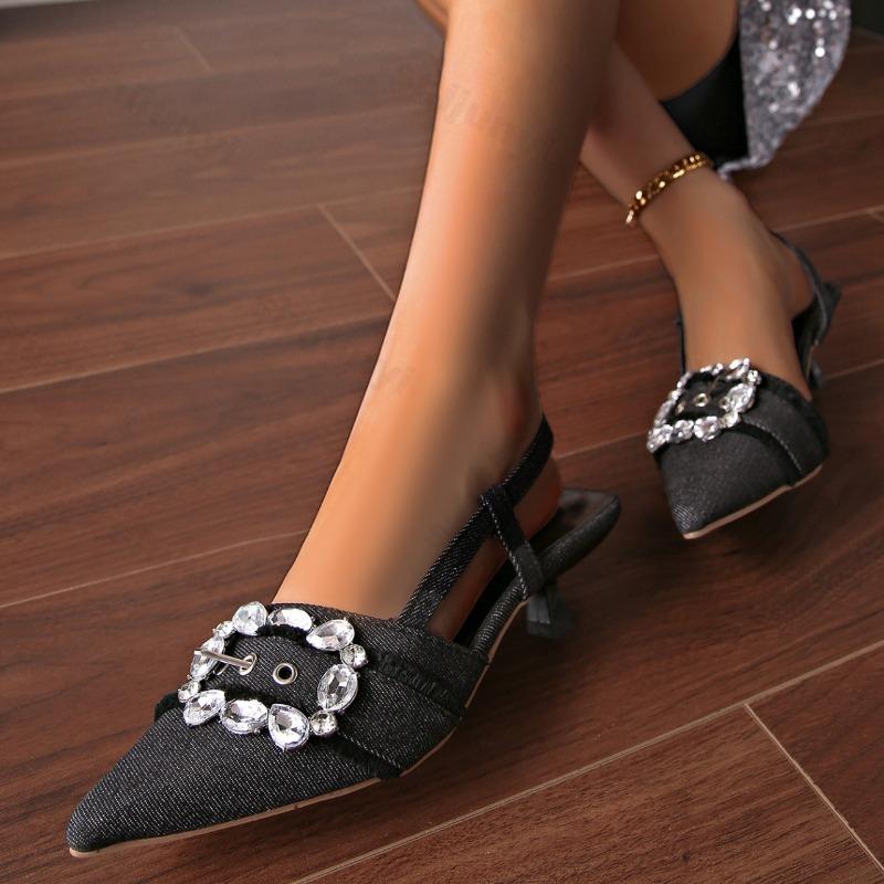 Fashion 2025 Summer High Heel Fashion Versatile Pointed Denim Rhinestone Design Square Buckle Decoration Shallow Mouth Slim Heel Sandals