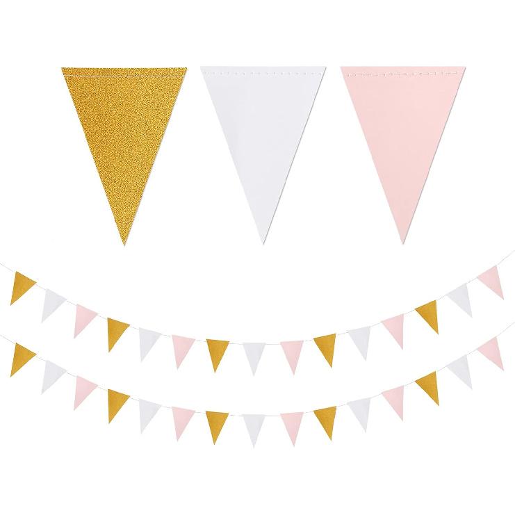 Navy-Blue White-Gold Party Decorations Banner - 2 Pack Men Birthday Graduation 2025 Glitter Sprinkles Paper Pennant Triangle Flags, Fathers Day