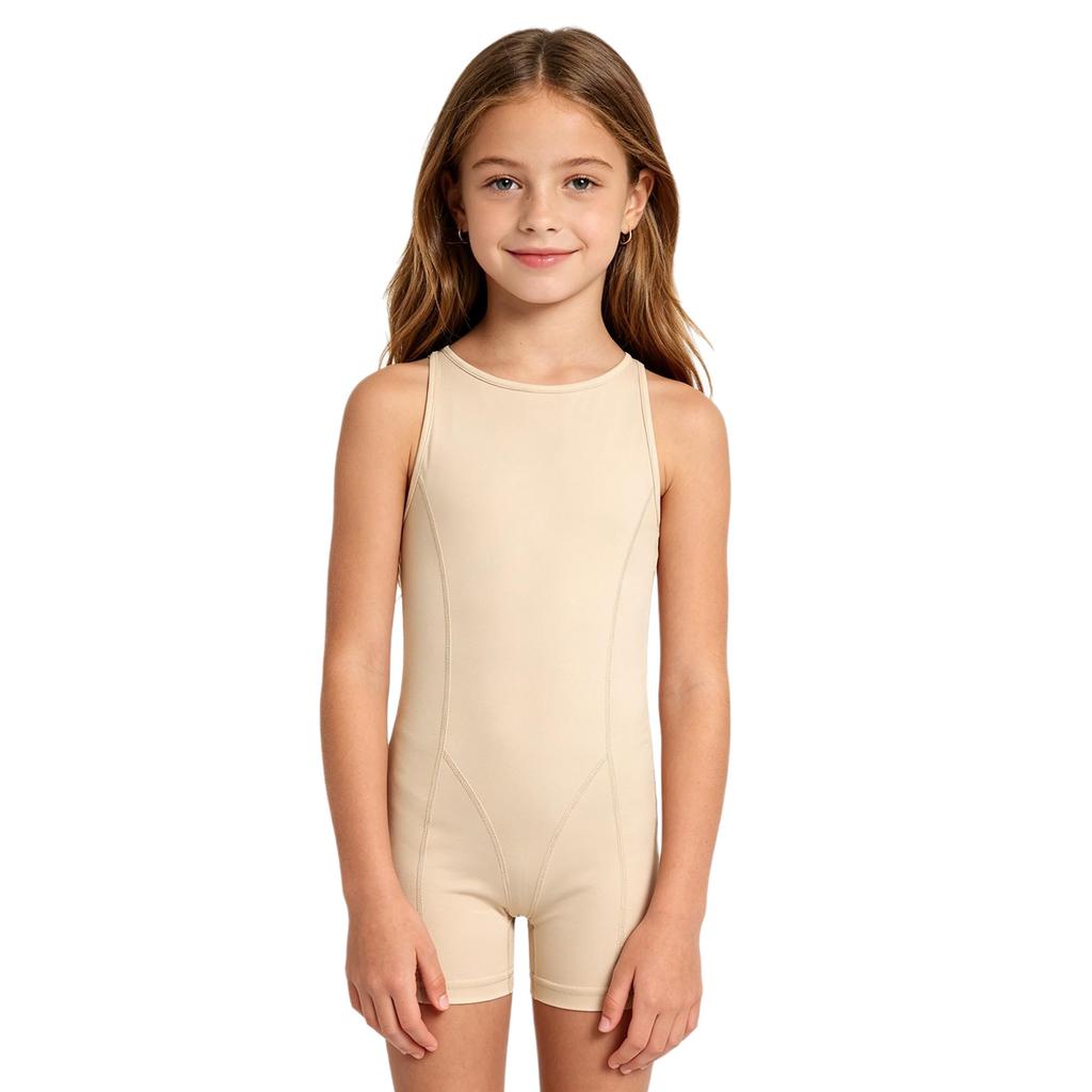Kids Girls Gymnastics Dance Bodysuit Round Neck Sleeveless Back Invisible Zipper Thigh Length Jumpsuit for Practice Training
