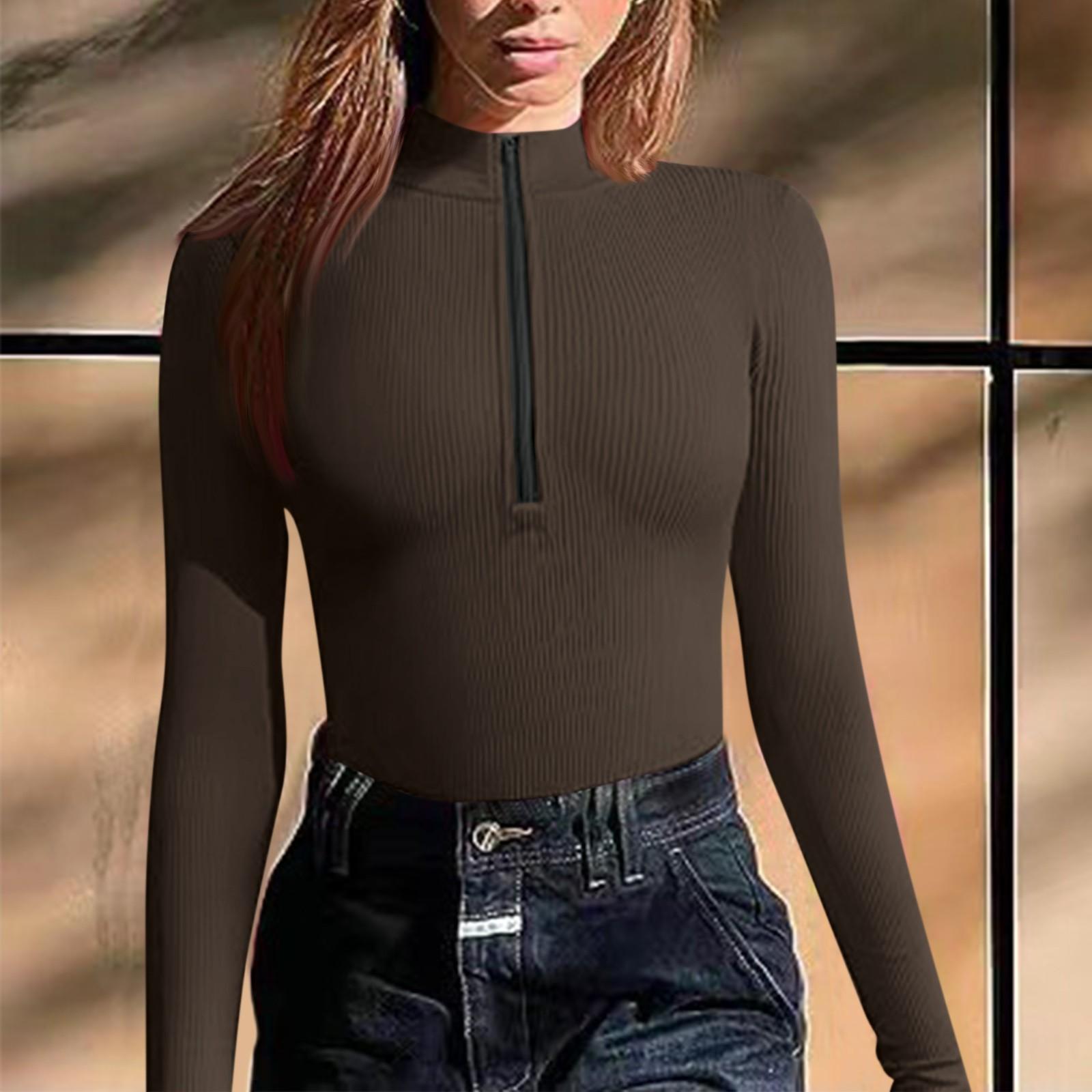 

Женский модный сексуальный однотонный топ с круглым вырезом и длинным рукавом на молнии, тонкий комбинезон XL коричневый