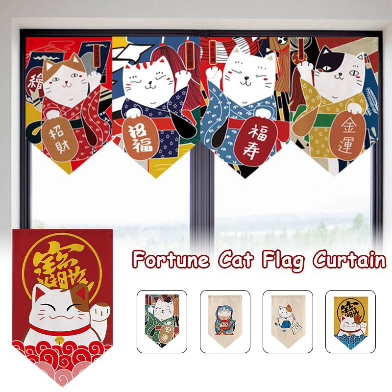 Japanese Style Lucky Cat Pattern Short Curtain Kitchen Door Partition Triangle Flag Restaurant Hanging Half Curtain Pennant