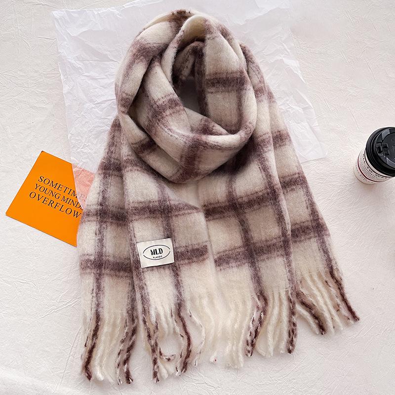 Women's Wool Plaid Scarf Winter Thickened Versatile Shawl Plush Scarf