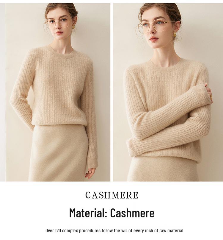 Women's 100% Cashmere Cable Knit Sweater: Winter 2026 Loose Pullover with Round Neck and Long Sleeves