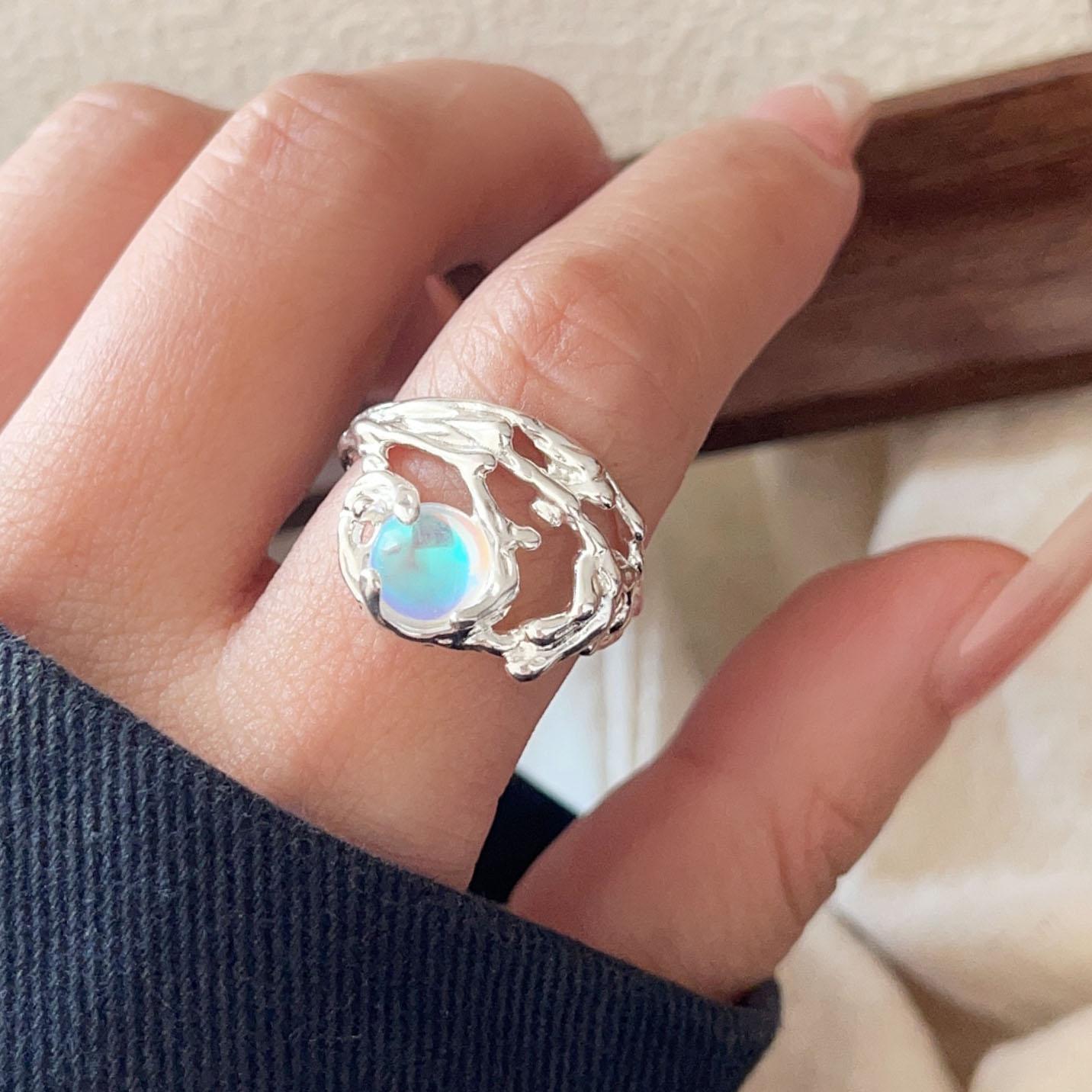 

925 Sterling Silver Rings For Women Geometric Fine Jewelry Finger Adjustable Blue Stone Ring For Party Birthday Gift resizable