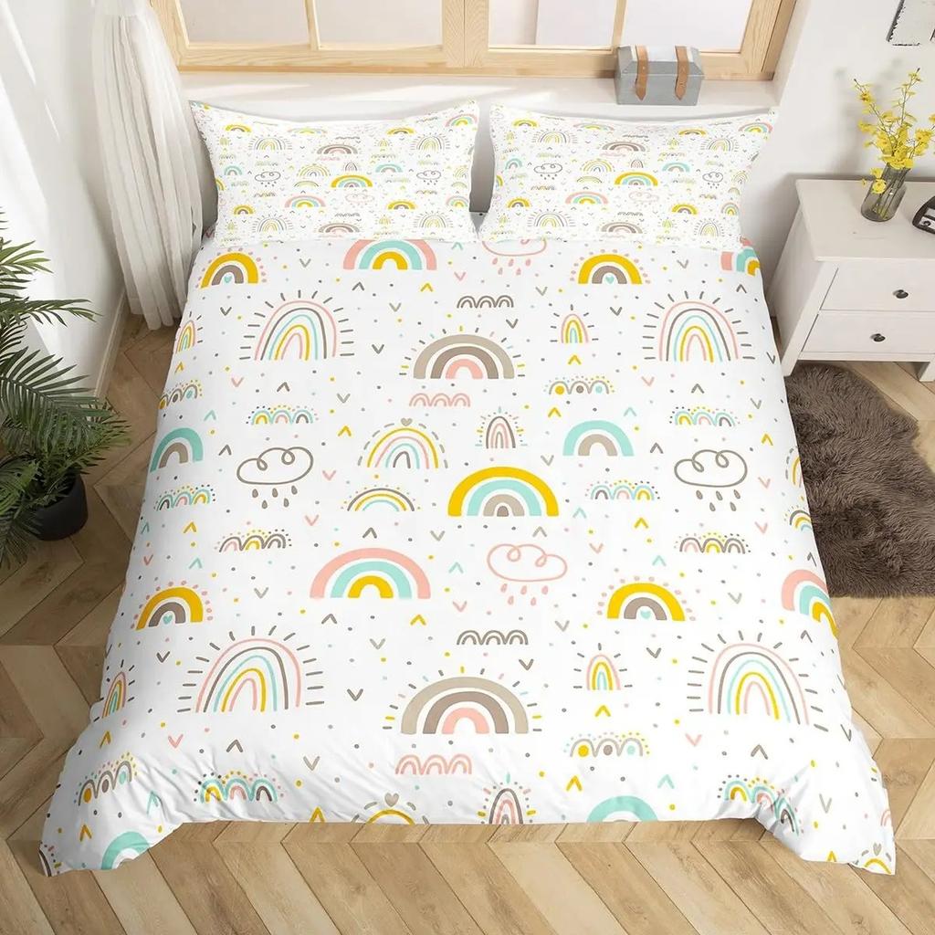 Rainbow Duvet Cover Girly Pink Cartoon Bedding Set Kids Girls Cute Clouds Crown Comforter Cover Kawaii Glitter Stars Quilt Cover