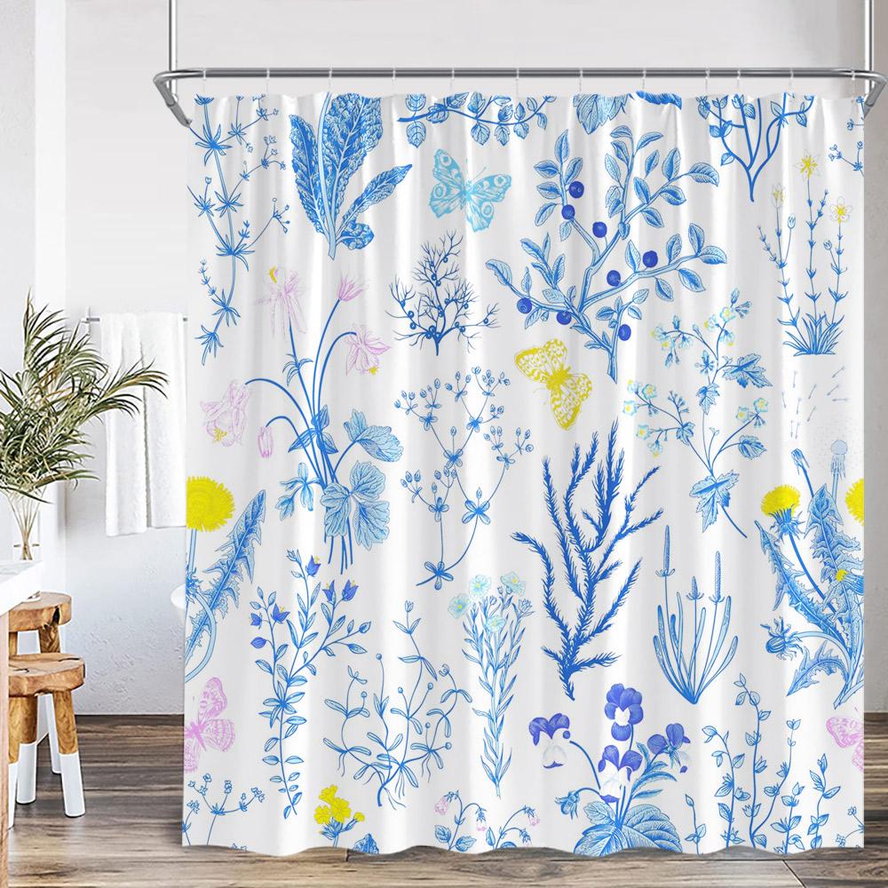 

Vintage Botanical Plant Shower Curtain Sage Green Retro Leaf Herb Flower Butterfly Bathtub Home Decor Polyester Bathroom Curtain W60H190(CM)-1 Pcs