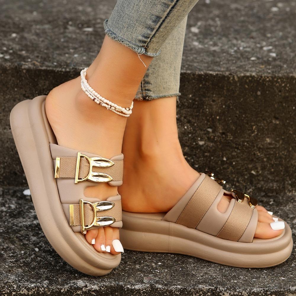 Women's Slippers Soft Sole Middle Heel Slippers 2024 New Summer New Belt Buckle Casual Comfort Open Toe Fashion Women's Slippers