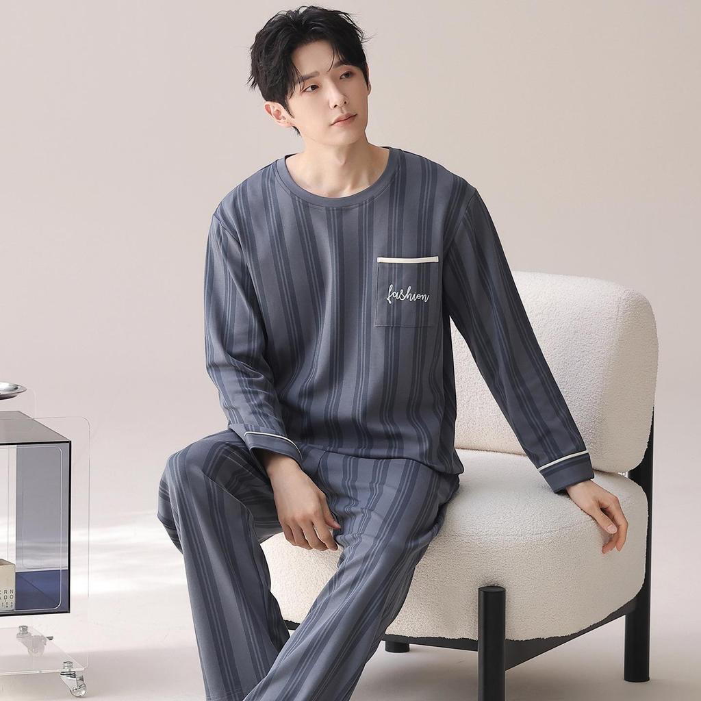 Men's 100% Cotton Long Sleeve & Pants Pajama Set - Korean Style Casual Homewear for Indoor/Outdoor Use
