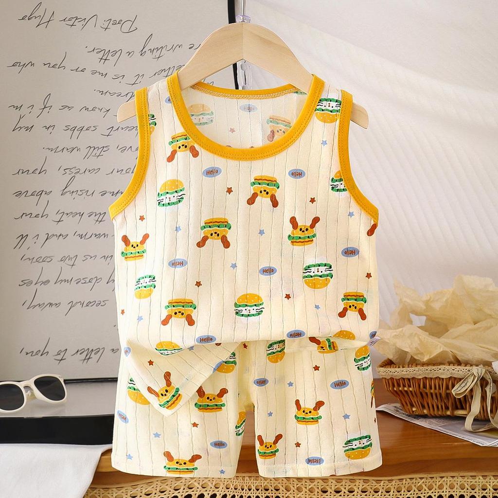 2026 Summer Children O-Neck Sleeveless Vest Suits Baby Spring Short Pants Two-pieces Set Cartoon Cotton Suit for Girl Boy