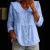 Women's Casual Long Sleeve Button Down Shirt Loose Fit Cotton Linen Blouse with Ruffle Doll Collar and Elastic Waist for Everyday Wear