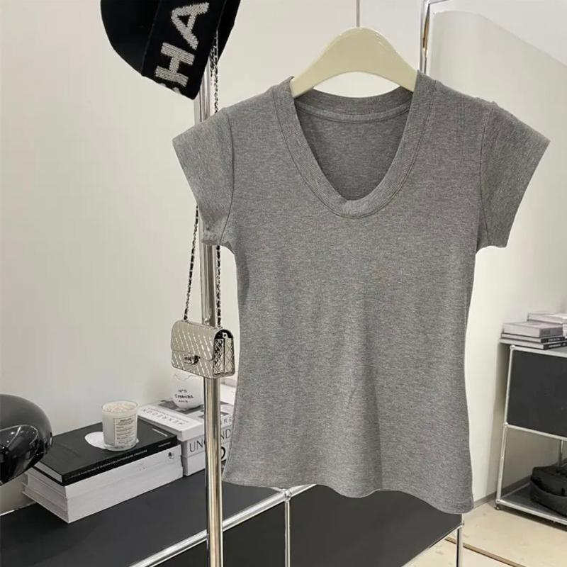 Letní bílé slim fit tričko s krátkým rukávem pro volný čas Dámské slim U-výstřih Kancelářská dáma Tričko Topy Elegantní Jednobarevné Jednoduchá trička Dámské oblečení 24226