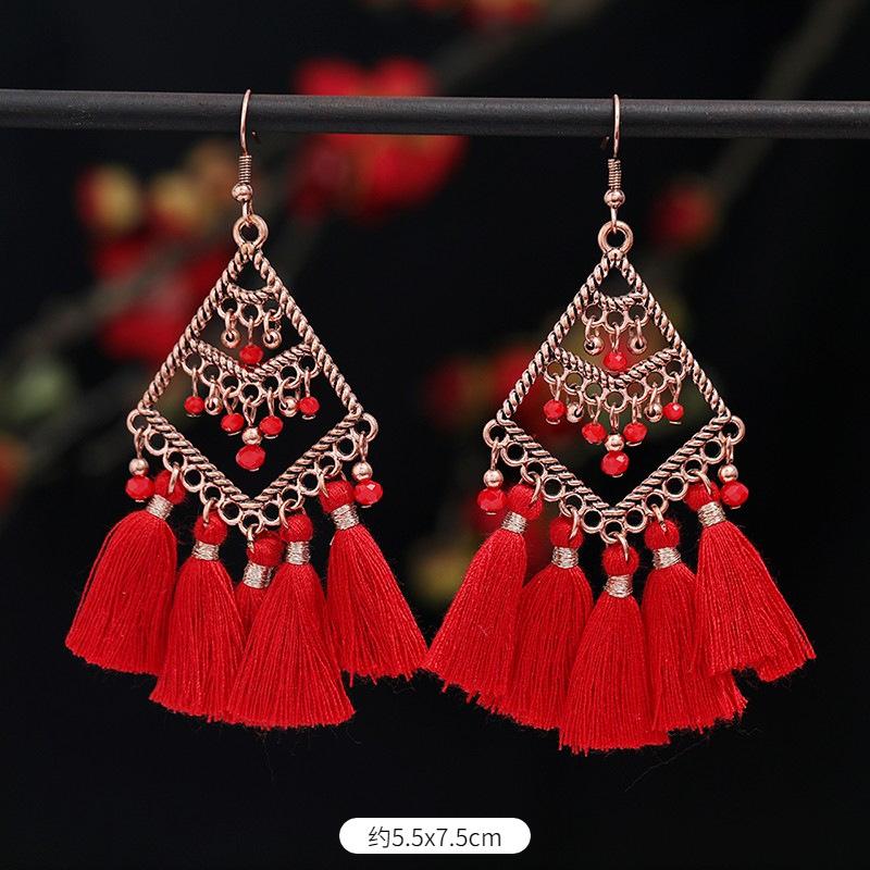 Vintage Bohemian Red Tassel Earrings Female Long Temperament Earrings Vacation Photography Bridal Earrings