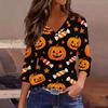 Women Casual Halloween Print V Neck Three Quarter Sleeve Top Lightweight Comfortable Fit Stylish Design for Daily Wear