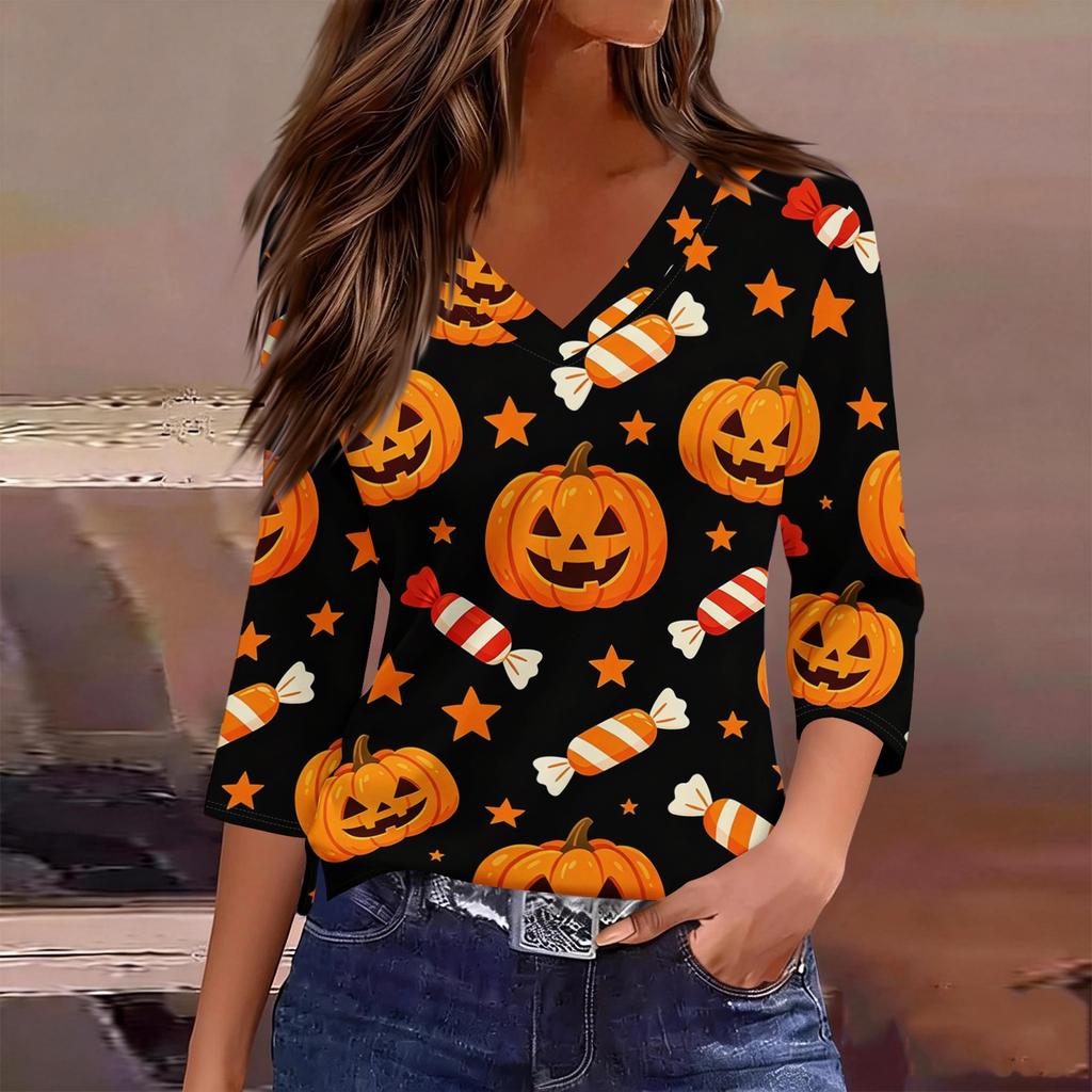 Women Casual Halloween Print V Neck Three Quarter Sleeve Top Lightweight Comfortable Fit Stylish Design for Daily Wear