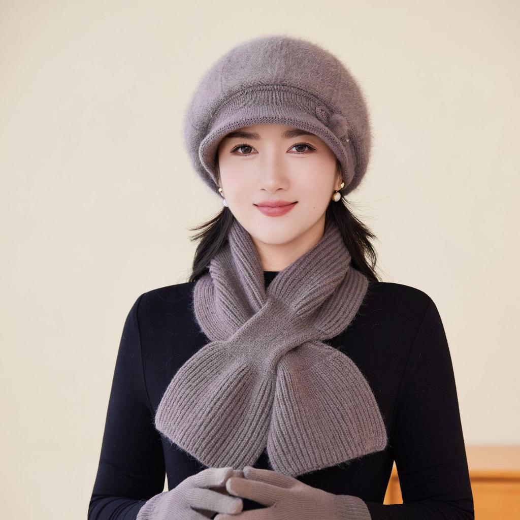 New Rabbit Fur Hat for Women Fashionable and Versatile Woolen Hat Cold Proof Plus Velvet Thickened Warm and Ear Protecting Knitted Hat